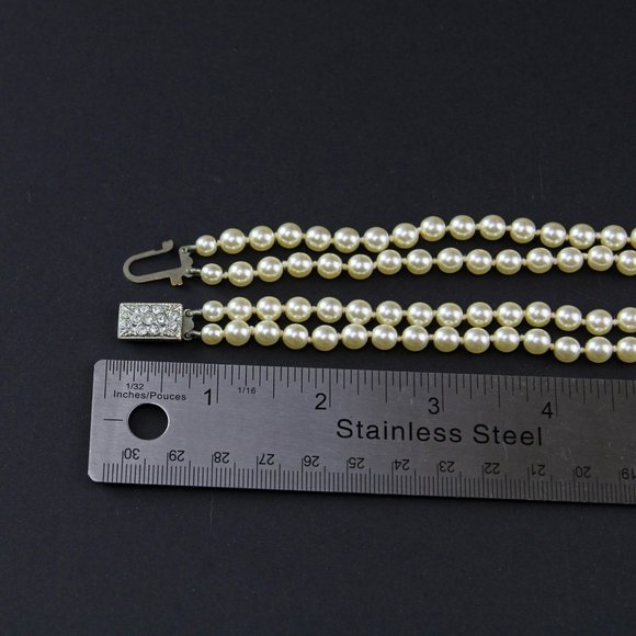 Mid Century Faux Pearl Double Strand Necklace, Rectangular Fish Hook Clasp J18 - Picture 3 of 8